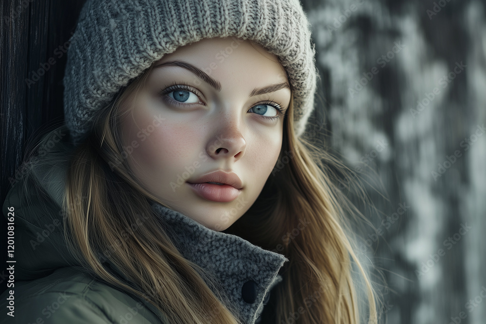 Beautiful girl in warm clothes and a knitted hat outdoor background. Beautiful girl in warm clothes and a knitted hat outdoor background.