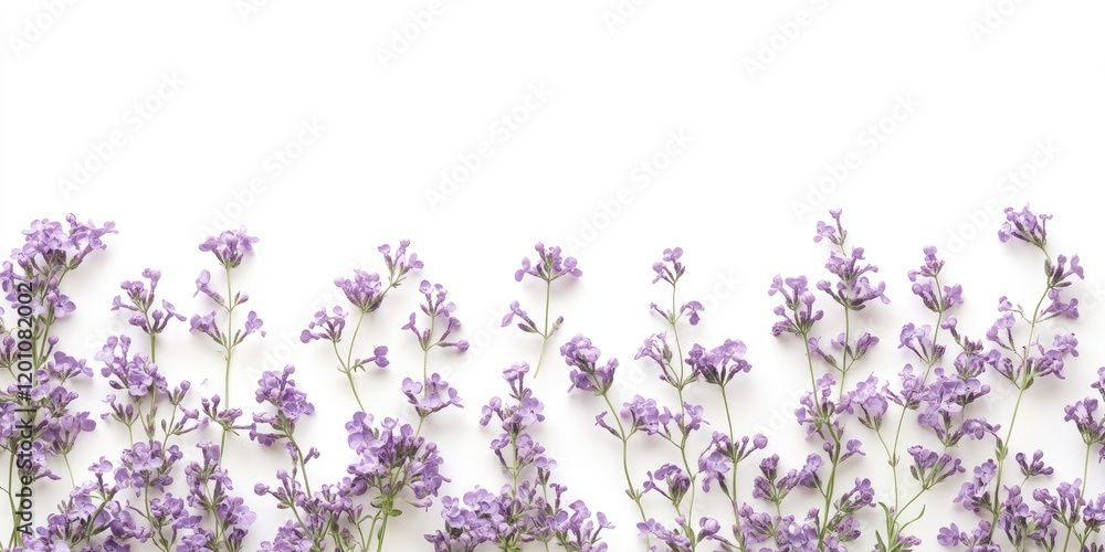 Lilac violet flowers arranged along the bottom of a clean white background with extra negative space for text inclusion on top. Lilac violet flowers arranged along the bottom of a clean white background with extra negative space for text inclusion on top.