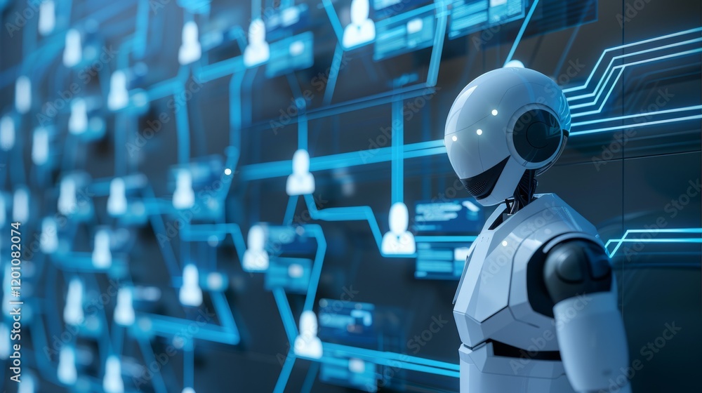 Obraz premium Robot avatars are like female interviewers, looking at the computer screen and saying resumes, robot training