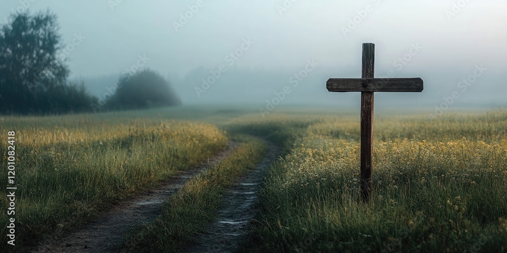 Misty landscape with a solitary wooden guidepost on the right side of a grassy dirt path, surrounded by lush green fields and soft fog. Misty landscape with a solitary wooden guidepost on the right side of a grassy dirt path, surrounded by lush green fields and soft fog.