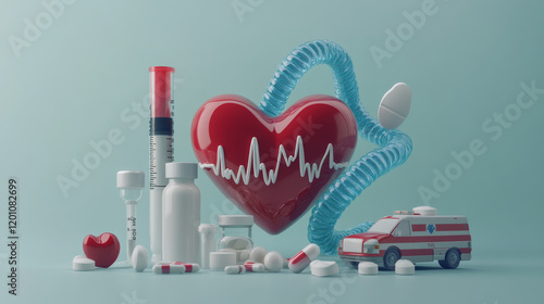 Medical seamless patterns of heart pulse, DNA and syringe, thermometer, dentistry, tooth paste, pills and drugs, apple and doctor stethoscope, ambulance,  Hippocratic snake and bowl photo