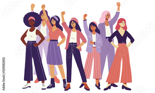 International Women's Day celebration illustration Diverse group of confident women standing in unity with raised fists symbolizing empowerment and equality promoting accelerate actionin vibrant flat 