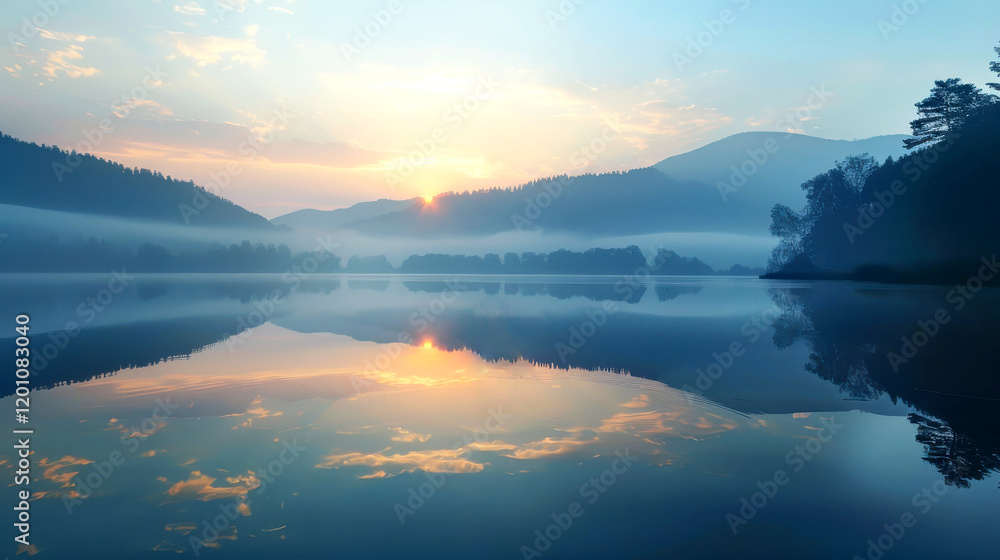 Fototapeta premium tranquil dawn scene with mist over lake, reflecting mountains and sky