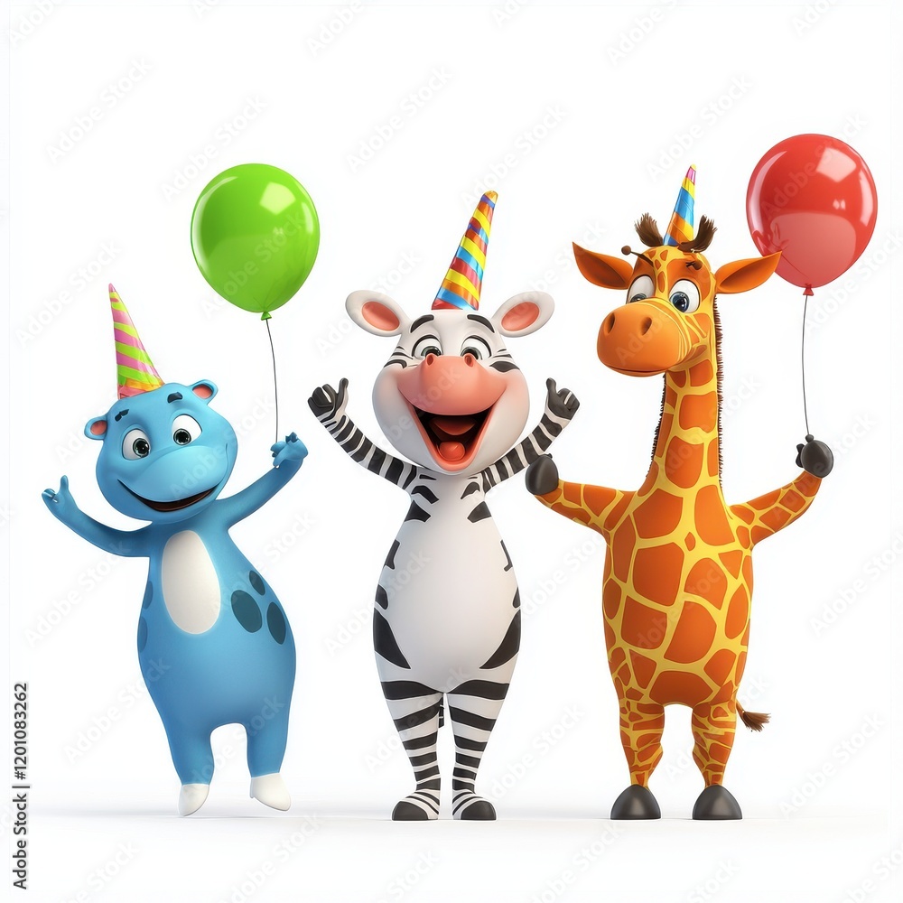 Fototapeta premium Happy Cartoon Animals Celebrating with Balloons and Party Hats