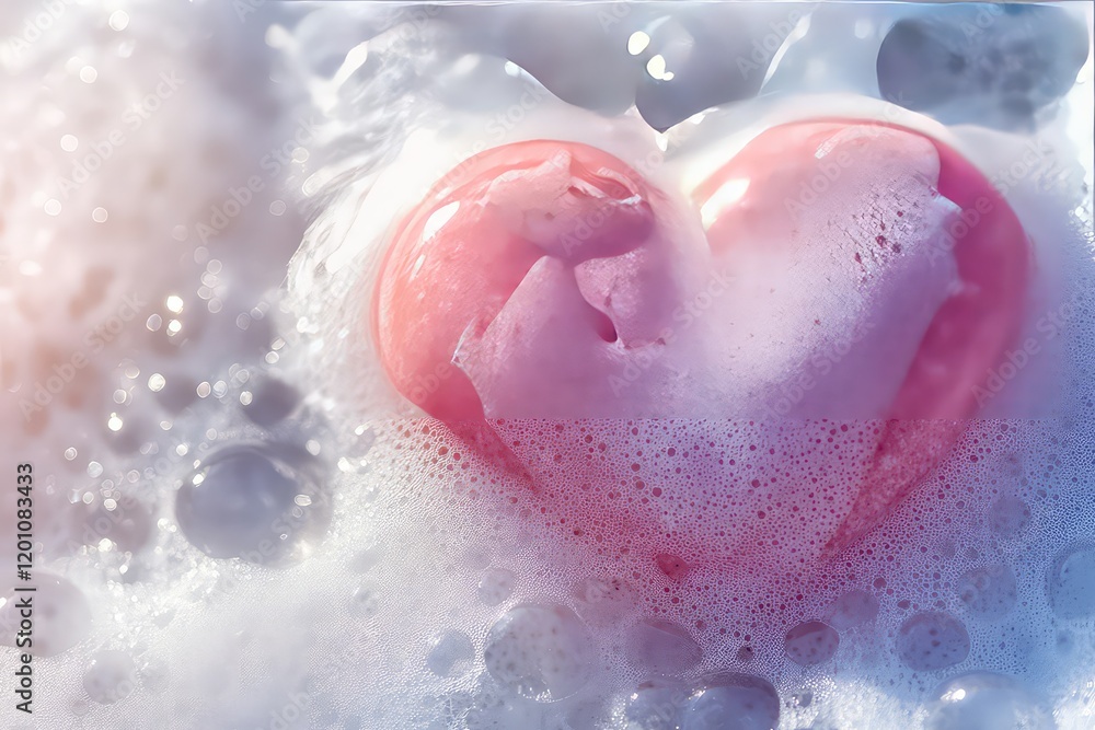 Fototapeta premium A beautifully captured heart drawing in soft soap foam, surrounded by bubbly textures under natural light.