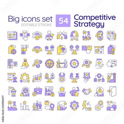 Competitive strategy RGB color icons set. Comparing business advantage to best competitors. Company growth. Isolated vector illustrations. Simple filled line drawings collection. Editable stroke