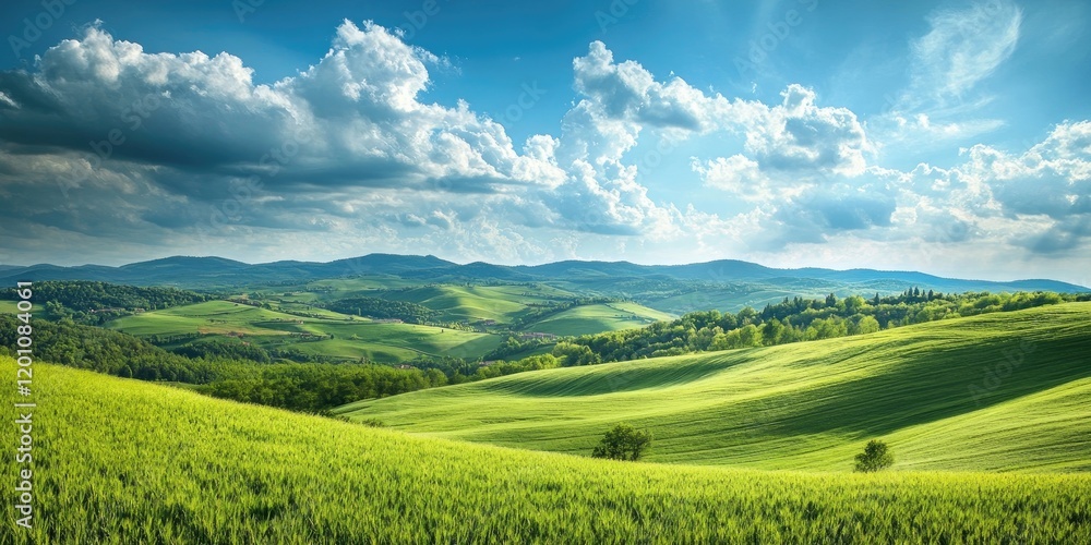 Vibrant panoramic landscape of lush green rolling hills under a bright blue sky with fluffy clouds showcasing a serene countryside scene Vibrant panoramic landscape of lush green rolling hills under a bright blue sky with fluffy clouds showcasing a serene countryside scene