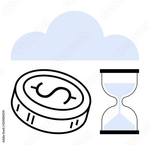 Cloud above a dollar coin and hourglass. Ideal for financial planning, time management, business strategies, savings, investments, productivity, value of time themes. Line metaphor