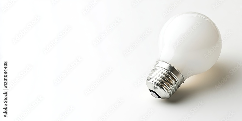 Isolated white LED bulb with metallic base positioned in the lower right corner on a light gray background with ample space for text Isolated white LED bulb with metallic base positioned in the lower right corner on a light gray background with ample space for text