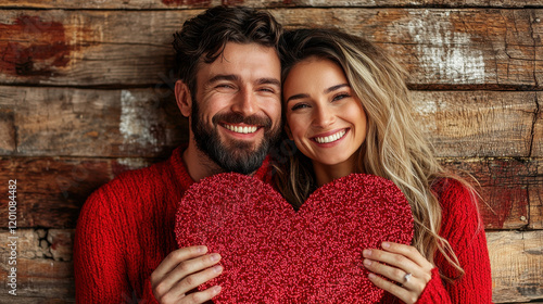 Happy couple holding heart shaped decoration, wearing red sweaters, against rustic wooden background