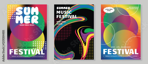 Summer party music poster background vector set. Electro Sound Cover template with vibrant circle shapes, spiral colorful, dot pattern. Hot summer design for social media, party, music festival.