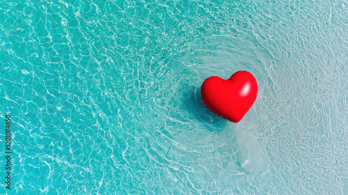 Vibrant red heart shaped inflatable floating on crystal clear water, creating serene and joyful atmosphere