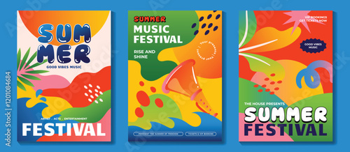Summer party music poster background vector set. Electro Sound Cover template with vibrant organic shapes, colorful, sea wave, tropical leaf, trumpet. Design for social media, party, music festival.