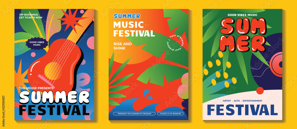 Obraz premium Summer party music poster background vector set. Electro Sound Cover with vibrant organic shapes, colorful, sea wave, tropical leaf, guitar, music disk. Design for social media, party, music festival.