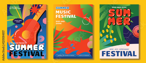 Summer party music poster background vector set. Electro Sound Cover with vibrant organic shapes, colorful, sea wave, tropical leaf, guitar, music disk. Design for social media, party, music festival.