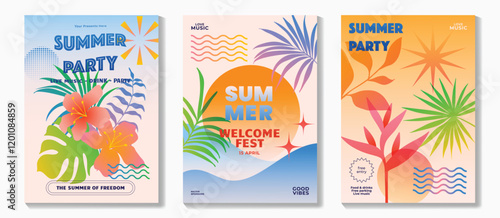 Summer party music poster background vector set. Electro Sound Cover with vibrant color, colorful, sea wave, tropical plant, sun, firework. Hot summer Design for social media, party, music festival.