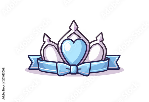 Cute Cartoon Crystal Heart Tiara Clipart: Simple Anime Style Vector with Blue Ribbon, White Background, No Shadows, No Gradient, Simple Shape Outline, Clean Lines, Minimalist Design, Cute Diamonds, 