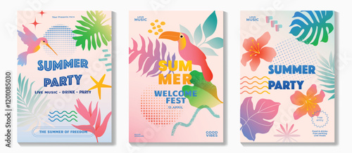 Summer party music poster background vector set. Electro Sound Cover with vibrant color, hornbill, sea wave, tropical plant, sun, flower, bird. Summer Design for social media, party, music festival.