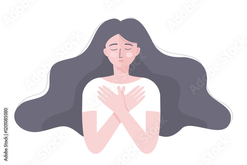 A woman doing the butterfly hug for treat trauma in mental health concept.