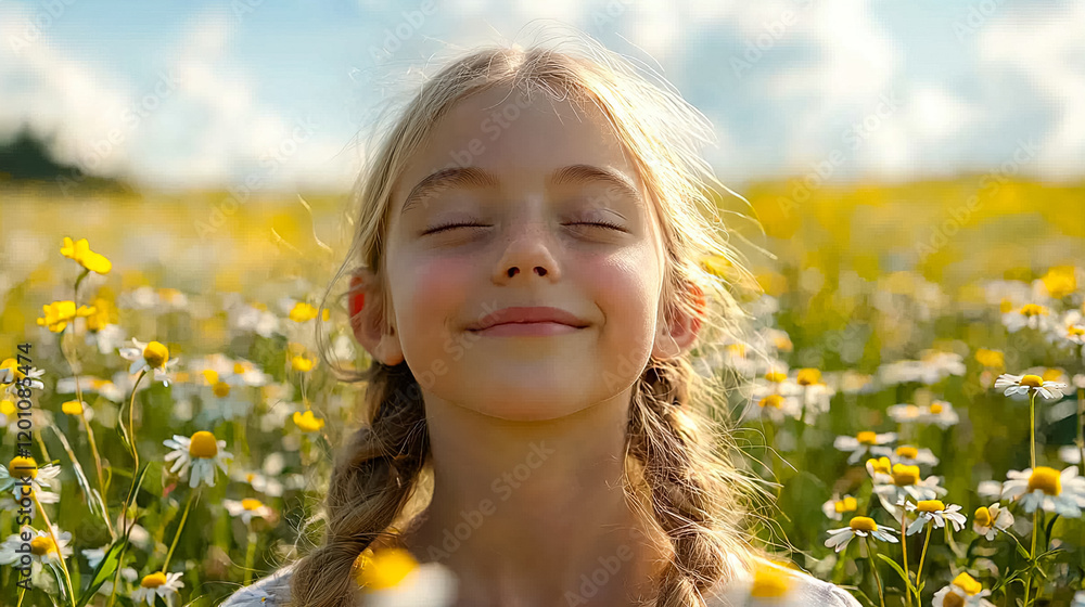 Young girl enjoying a sunny day in a field of daisies surrounded by bright flowers and a clear blue sky. Generative AI Young girl enjoying a sunny day in a field of daisies surrounded by bright flowers and a clear blue sky. Generative AI