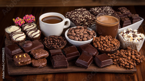 Cup of coffee and chocolate, candy stick dessert poster. Hot mug with mocha or espresso, latte and macchiato, americano in plastic sleeve, grains and beans, cezve. For shop or restaurant theme. photo