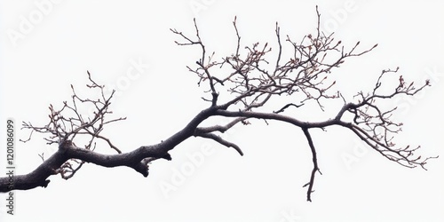 Bare tree branch silhouette against a white background, positioned diagonally with intricate twigs extending outward, ideal for backgrounds and templates. photo