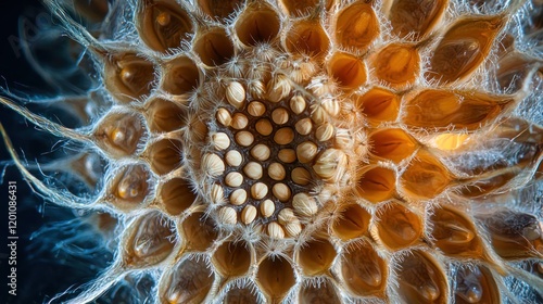 A detailed close-up of a pine cone, revealing seeds nestled inside. Focuses on its intricate structure, textured layers, and natural beauty in a clear composition. photo