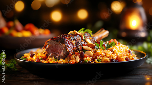 Iraqi Quzi slow-roasted lamb on spiced rice, styled with almonds and raisins in a festive Middle Eastern setting, [Traditional feasts, cultural richness] photo