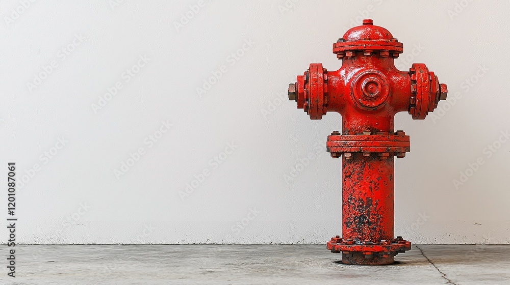 Fototapeta premium Red fire hydrant against white wall, urban safety