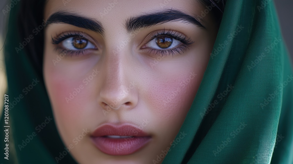 Wrapped in a vibrant green headscarf, the woman’s captivating eyes draw focus, her serene expression embodying cultural grace and sophistication. Wrapped in a vibrant green headscarf, the woman’s captivating eyes draw focus, her serene expression embodying cultural grace and sophistication.