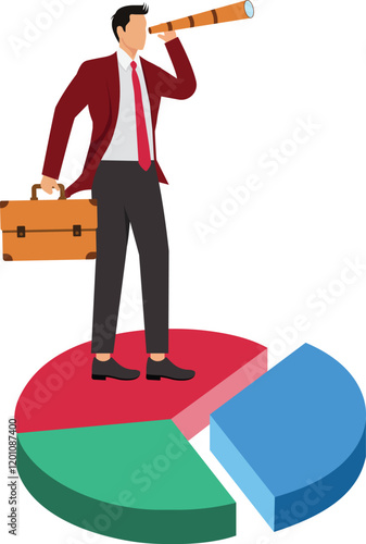 Marketing strategy, data analysis chart and graph, financial forecast or stock market diagram, research data or investment planning concept, businessman on pie chart looking thorough binoculars