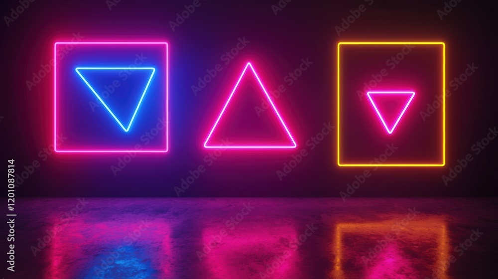Neon Geometric Shapes with Reflections on Dark Background Neon Geometric Shapes with Reflections on Dark Background