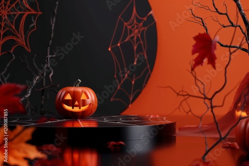 Festive Halloween Scene with Pumpkin and Spider Web Decorations photo