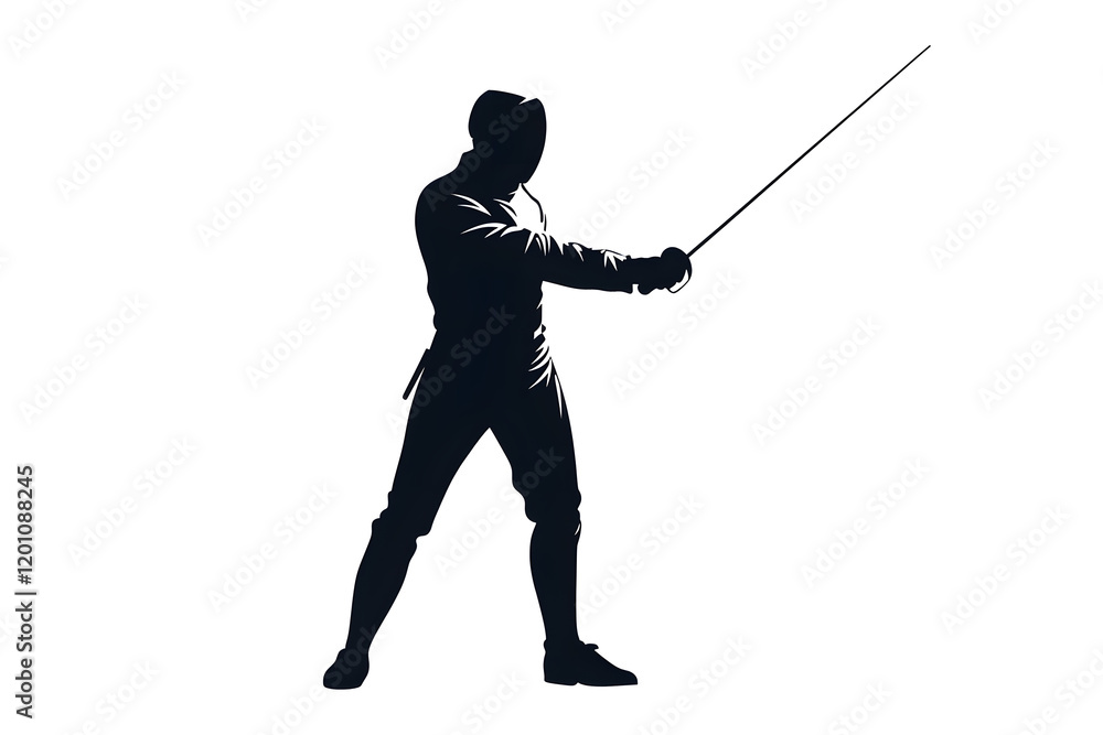 Black silhouette of a fencing sports person. Fencer flat illustration isolated on white background Black silhouette of a fencing sports person. Fencer flat illustration isolated on white background