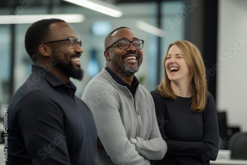 Colleagues engage in a lively discussion while laughing together in a sleek, contemporary office space. The atmosphere is relaxed and full of camaraderie among the team photo