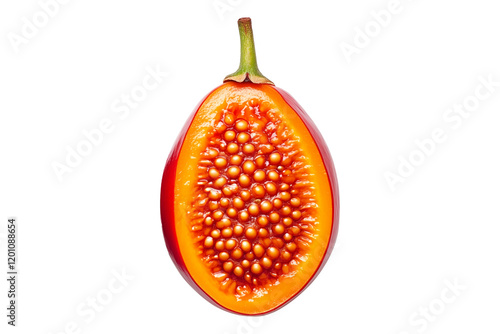 Half of a Mamoncillo fruit displaying its orange interior with black seeds, isolated on white transparent background, concept of fresh produce photo