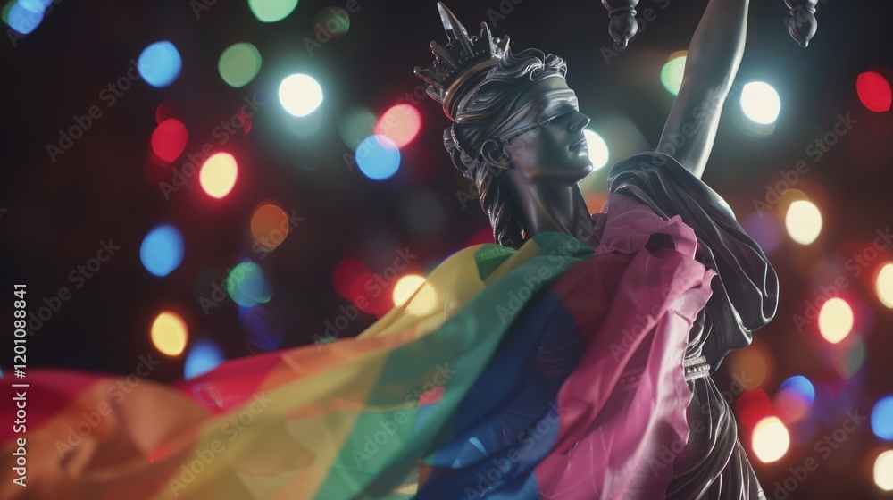 Fototapeta premium Statue of Justice - symbol of law and justice with lgbt flag. Lgbt rights and law Stock Photo photography