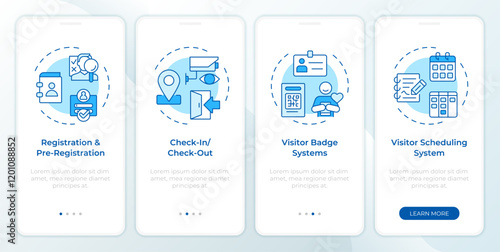 VMS blue onboarding mobile app screen. Visitor management. Walkthrough 4 steps editable graphic instructions with linear concepts. UI, UX, GUI template. Montserrat SemiBold, Regular fonts used