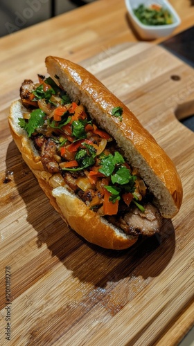 Delight in a crispy Vietnamese bnh m showcasing succulent grilled meat, vibrant veggies, and aromatic herbs nestled in a freshly baked baguette. A culinary experience awaits on this wooden board photo