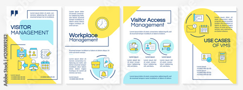 Workplace safety management blue and yellow brochure template. Scheduling system, personnel tracking. Leaflet design with linear icons. Editable 4 vector layouts. Questrial, Lato-Regular fonts used