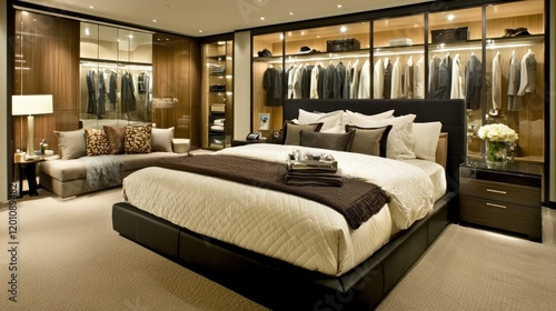 Elegant bedroom with organized closet and stylish decor.