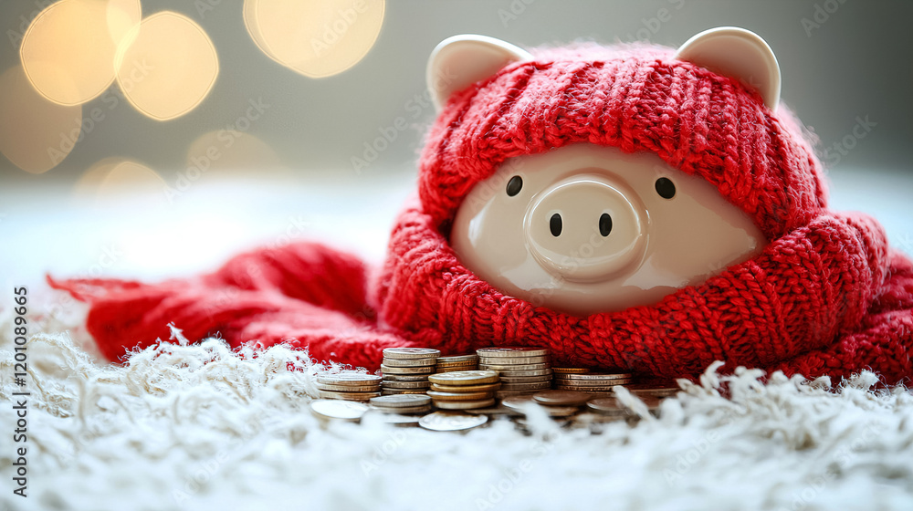 Fototapeta premium Cozy piggy bank wrapped in a red scarf surrounded by coins on a soft surface. Generative AI
