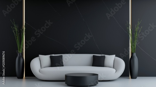 Modern living room with a black wall and a white floor. in the center of the room, there is a large white sofa with three black throw pillows on it. photo