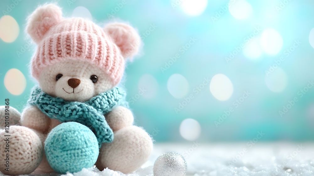 Fototapeta premium Winter balls on an elegant aqua background with a cute pink teddy doll with a woolen cap