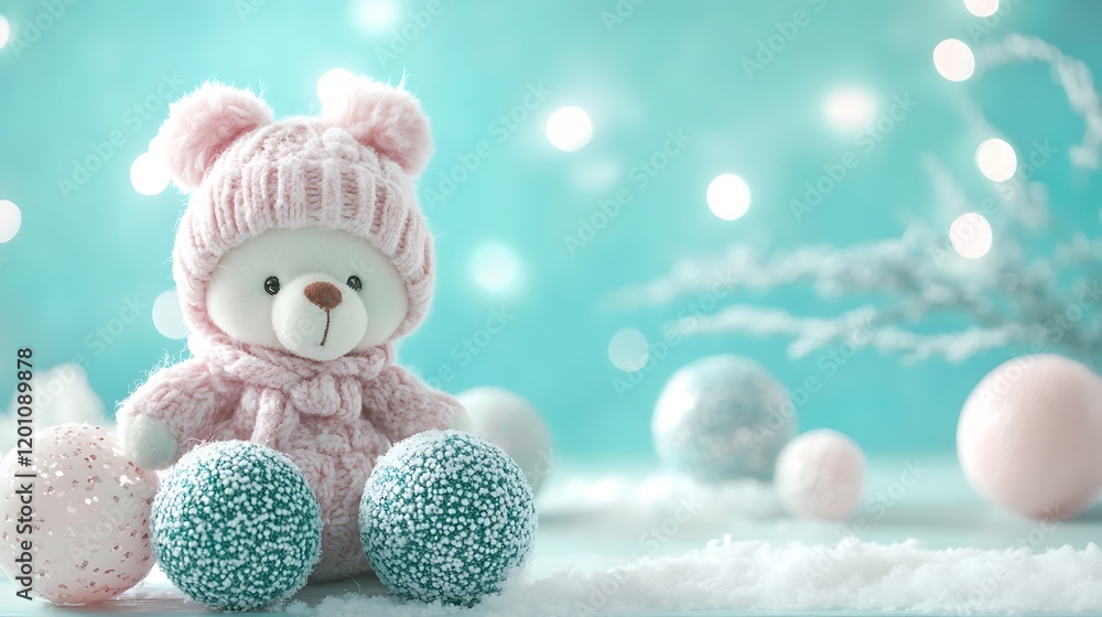 Obraz premium Winter balls on an elegant aqua background with a cute pink teddy doll with a woolen cap