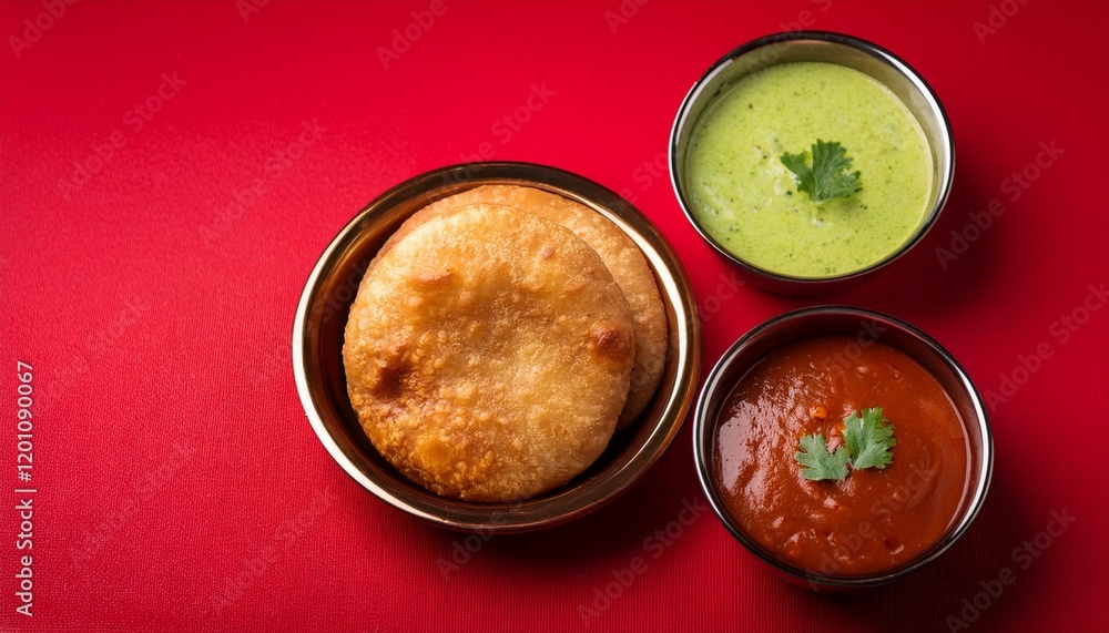 Indian traditional dish kachori with chutney on red background Indian traditional dish kachori with chutney on red background