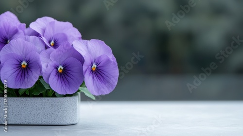 Close-up of a group of purple pansies in a white ceramic pot. the pansies are in full bloom and have five petals each with a yellow center. photo