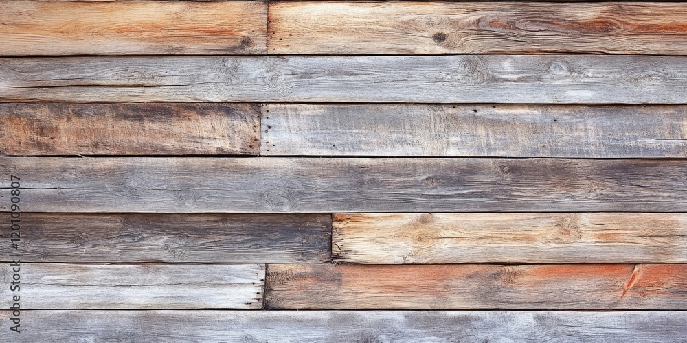 Fototapeta premium Wooden wall texture featuring weathered grey and brown planks arranged horizontally, with space for text in a blank area for design purposes.