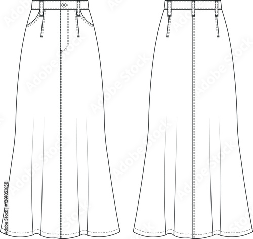 with pockets mid rise waist tailored darted fit and flared  long maxi jean denim skirt template technical drawing flat sketch cad mockup fashion woman design style model 
