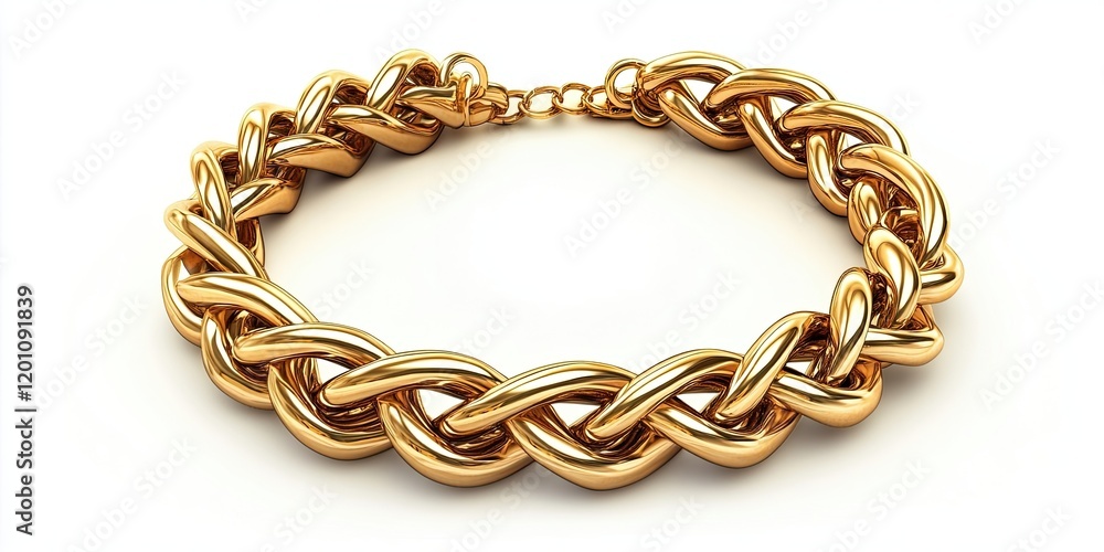 Obraz premium Elegant massive golden braided chain bracelet centered on a white background with smooth curves and ample white space for text or design elements.